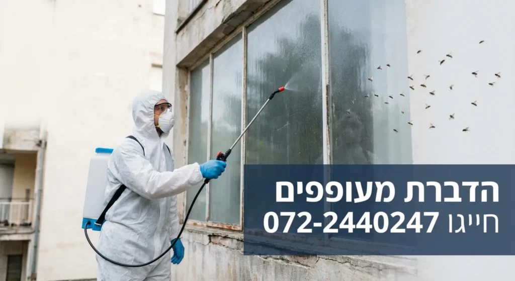 מדביר מרוסס חרקים ליד חלונות, מוצג מספר טלפון.
