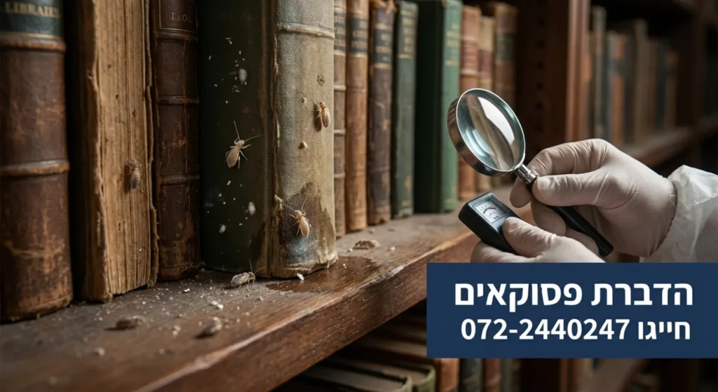 סריקת מזיקים בספרייה: מדביר בוחן ספרים ישנים עם זכוכית מגדלת.