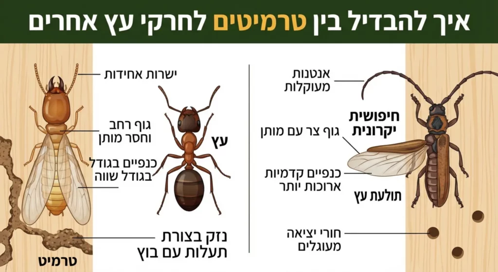 השוואת טרמיטים, נמלים וחיפושיות עץ: סימני הדברה.