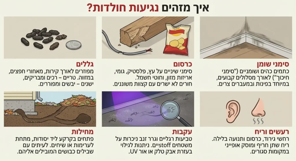 סימני מזיקים: גללים, קרסום, סימני שומן, מחילות, עקבות, רעשים וריח.