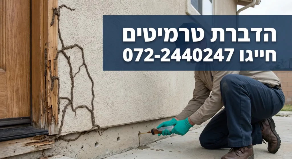 מדביר מטפל במחילות טרמיטים ליד דלת עץ, טלפון 072-3975162.