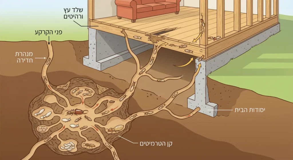איור דיאגרמה של טרמיטים בונים קן ופועלים מתחת ומבפנים לבית.