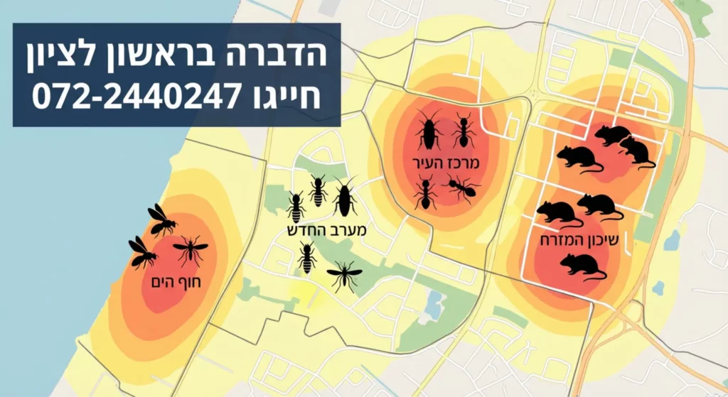 מפה עירונית עם אייקונים של מזיקים, טלפון לשירותי הדברה.
