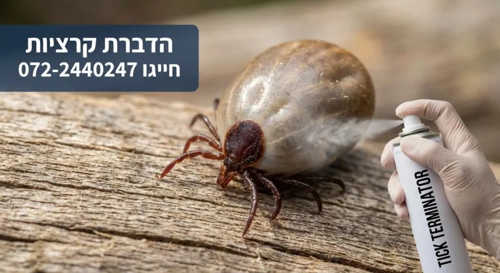 הדברת קרציות: ריסוס קרצייה עם תרסיס "Tick Terminator" על עץ.