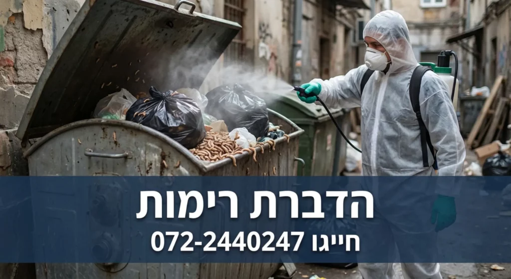 מדביר בחליפת מגן מרסס זבל, מציג מספר טלפון.