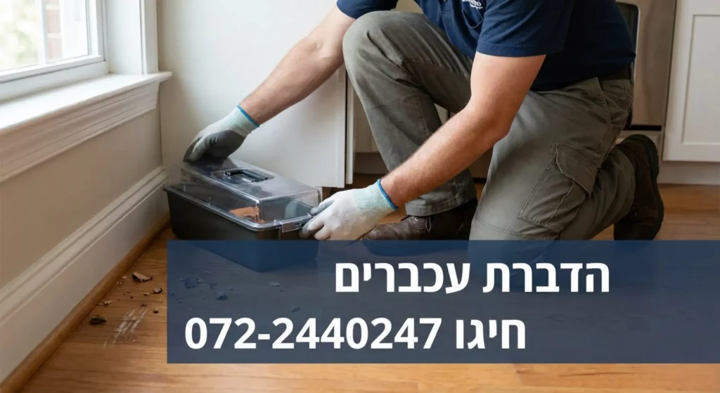 מדביר מניח מלכודת מכרסמים ליד חלון, עם מספר ליצירת קשר.