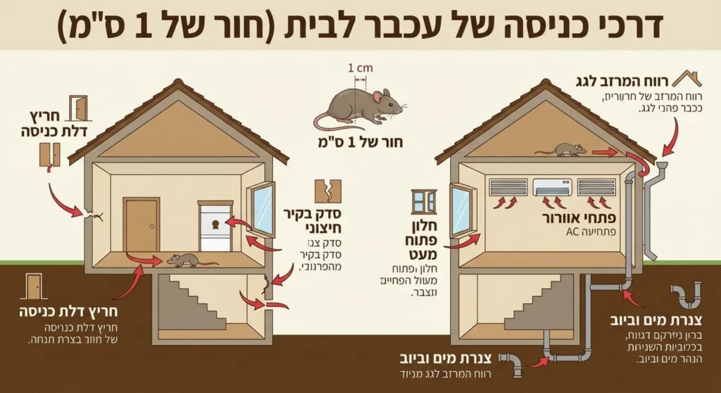 איור הדברה: כיצד עכברים נכנסים לבית דרך פתחים שונים.