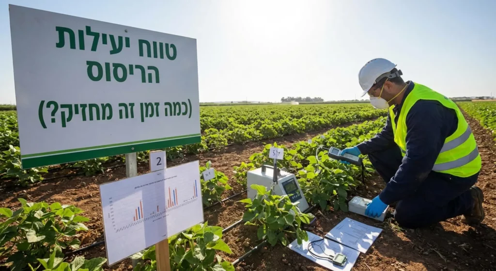 חוקר בשדה בודק גידולים עם מכשירים, ליד שלט.