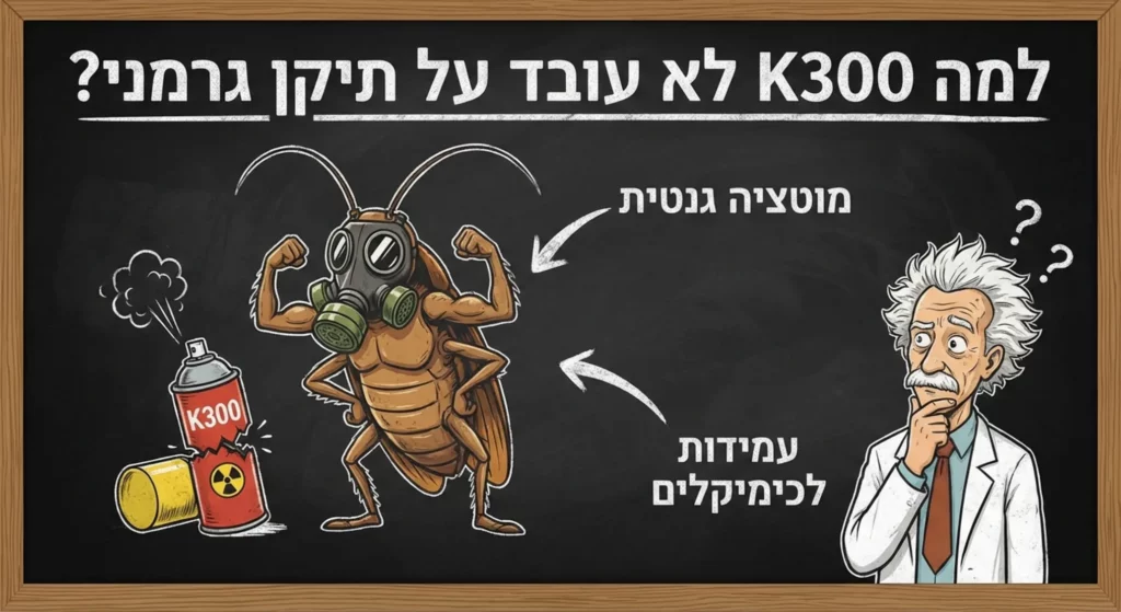 תמונה של ג'וק חזק עם מסיכת גז ליד תרסיס הדברה K300, שואל למה זה לא עובד.