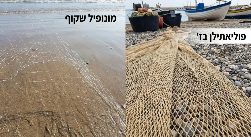 רשת דיג דקה ליד הים לעומת רשת דיג גסה על חצץ.