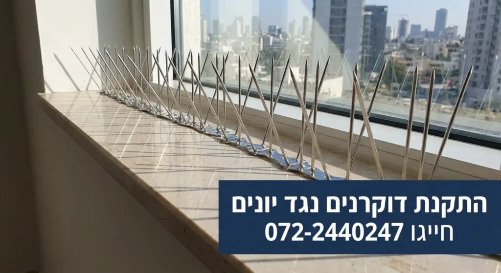 דוקרנים נגד יונים על אדן החלון, טלפון ליצירת קשר.