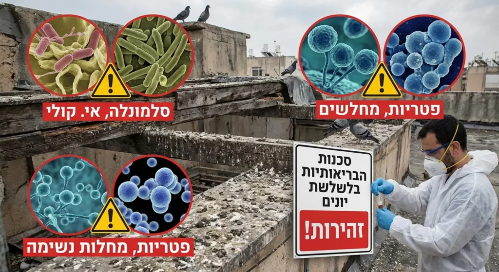 רופא לובש חליפה מגנה בודק דגימה על רקע גג עם ציפורים ומיקרואורגניזמים.