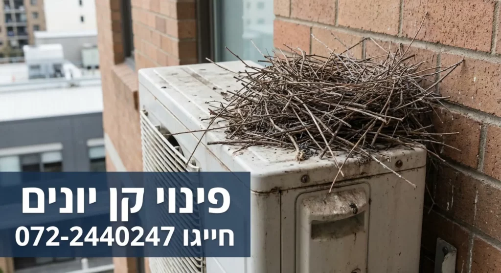 מזגן עם קן ציפורים על גביו, מודעה עם טלפון.
