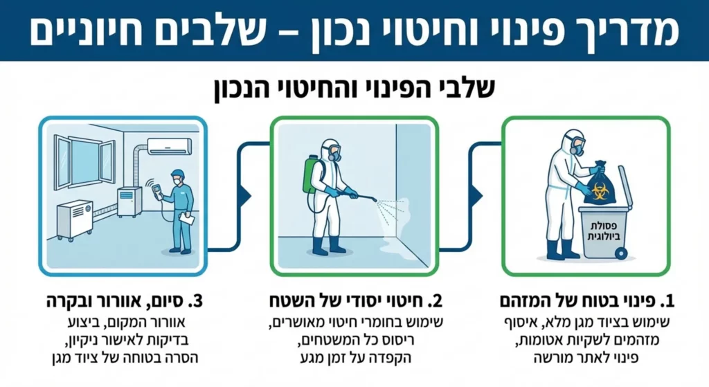 שלבי הדברה וחיטוי נכון: פינוי, ריסוס, סיום.