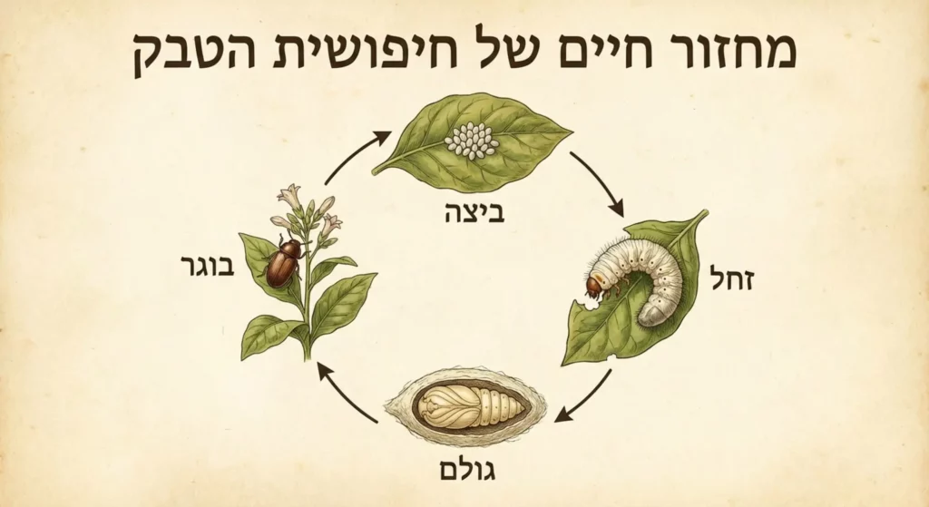 מחזור חיי חיפושית הטבק: ביצה, זחל, גולם, בוגר - הדברת מזיקים.