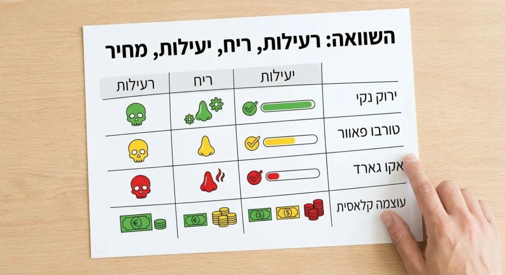 טבלה להשוואת מפגעים: ריח, רעילות, עלות, ומוצרי הדברה.