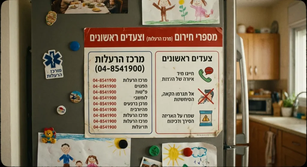 מדבקה על מקרר עם מספרי חירום והוראות.