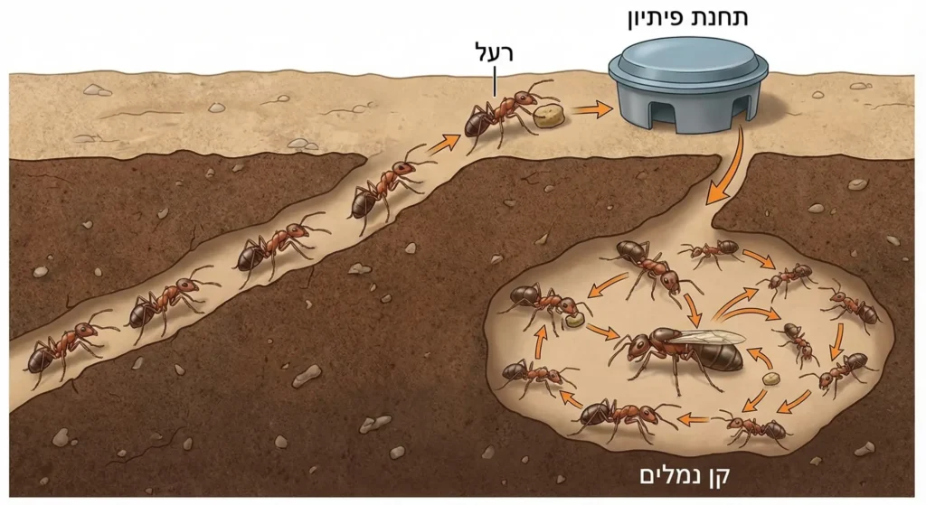 איור של נמלים בפעולה, מזון, ותחילת הדברה.
