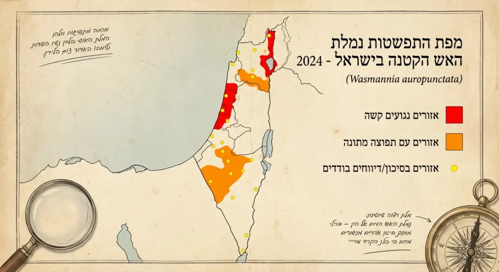 מפת התפשטות נמלת האש הקטנה בישראל 2024, סימון אזורי הדברה.