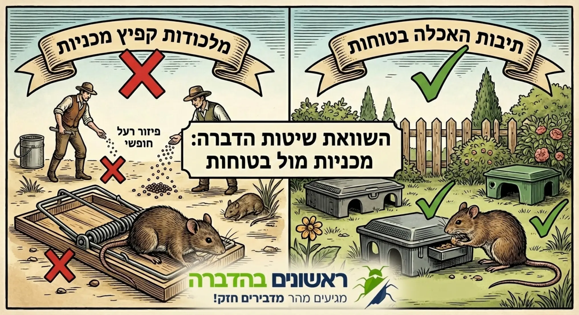 איור המשווה בין מלכודות קפיץ מכניות לתיבות האכלה בטוחות, עם סימון וי ירוק על שיטות בטוחות ואיקס אדום על פיזור רעל חופשי