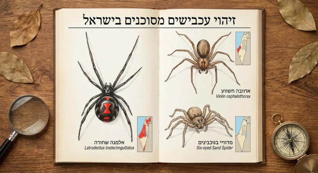 ספר פתוח המציג עכבישים מסוכנים בישראל, שירותי הדברה.