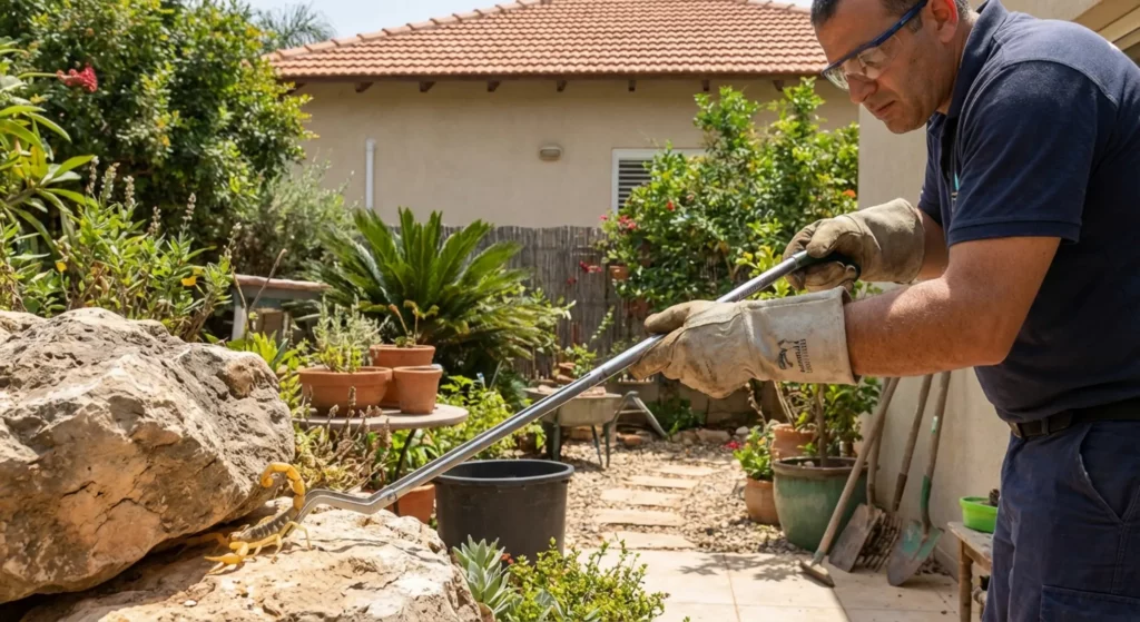 מדביר לוכד עקרב צהוב בעזרת מלקחיים בגינה.