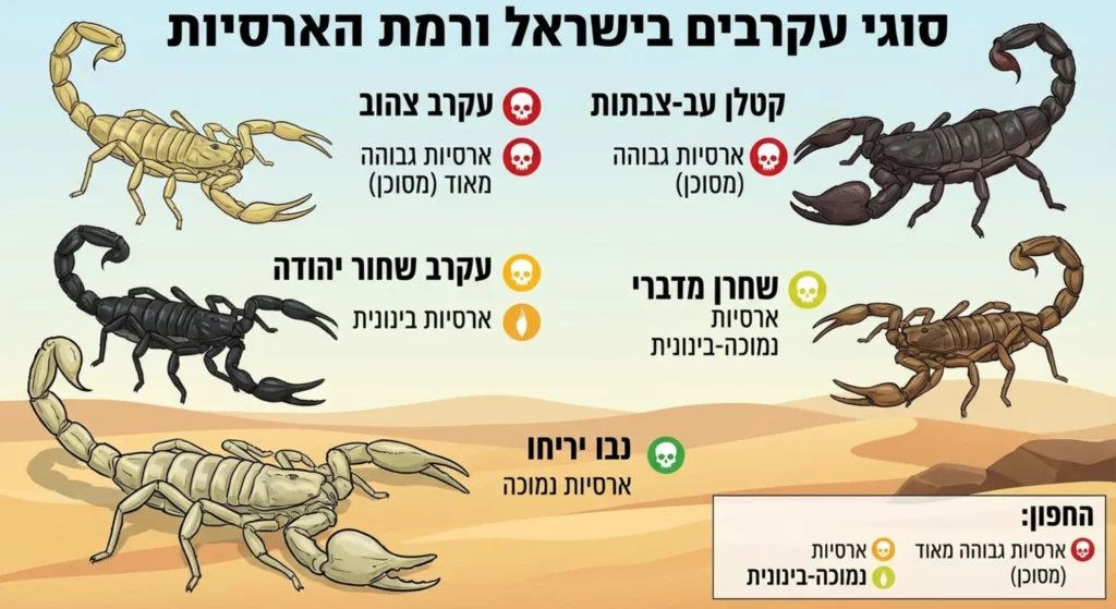 איור של עקרבים בישראל, כולל זיהוי מינים וסימון סכנות, כחלק מחומר של שירותי הדברה.