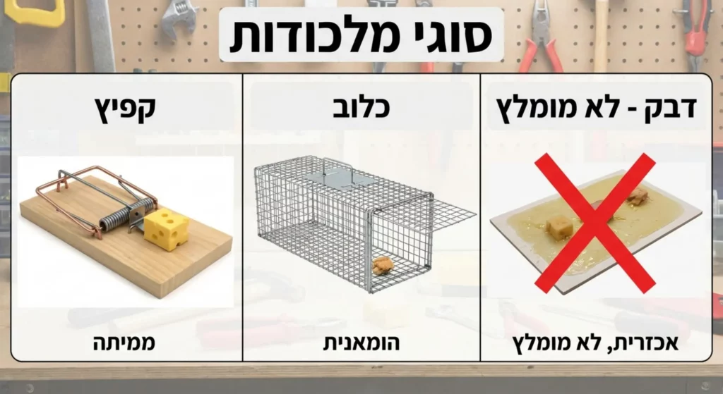 סוגי מלכודות: קפיץ (קטלנית), כלוב (הומאנית), דבק (אסורה).