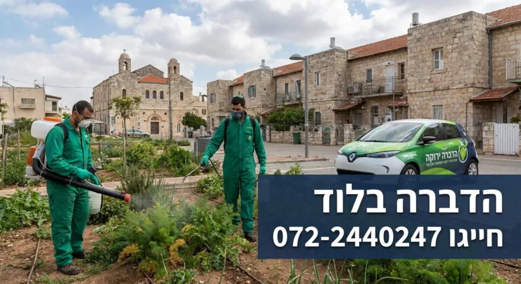 מדביר בגינה, שירותי הדברה, רכב ירוק, כנסייה, בתים.
