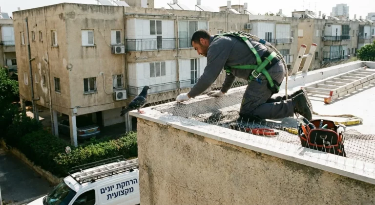 מדביר מתקין רשתות דוקרנים למניעת יונים על גג בניין.