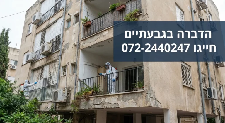 מדביר בציוד מגן מרסס במרפסת בניין, טקסט עם מספר טלפון.