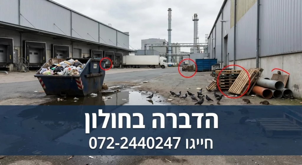תמונת חצר תעשייתית עם פסולת, חולדות וציפורים - שירותי הדברה.