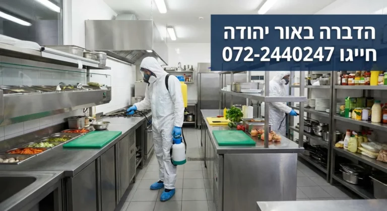 מדביר בתלבושת מיגון מלאה מרסס במטבח תעשייתי.