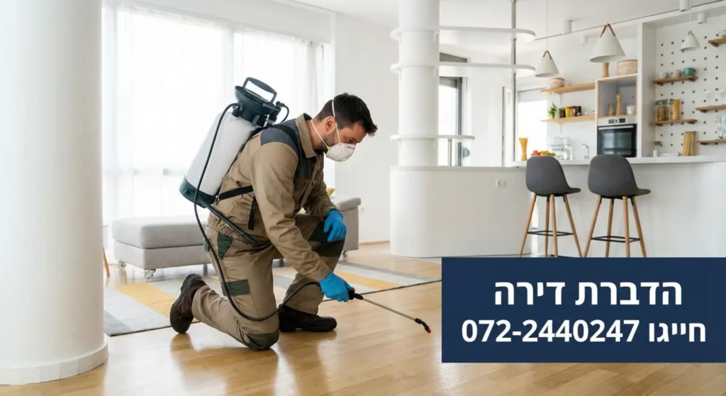 מדביר בציוד הדברה לריסוס רצפה בדירה מודרנית.