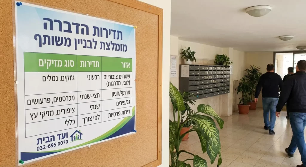 לוח מודעות עם מידע על שירותי הדברה בבניין משותף.