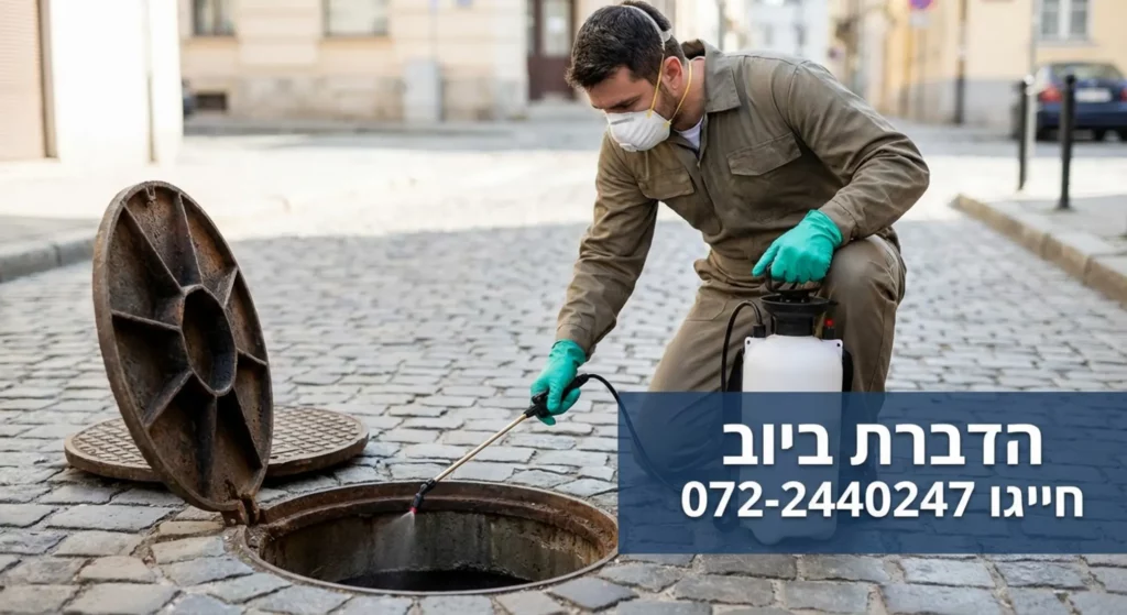מדביר מתיז חומר הדברה לביוב פתוח, עם מספר טלפון.