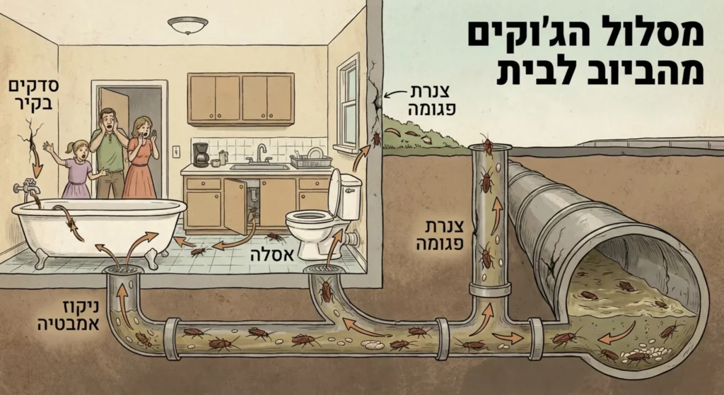 קריקטורה: ג'וקים עולים מצנרת הביוב הביתה, סיבה להדברה.