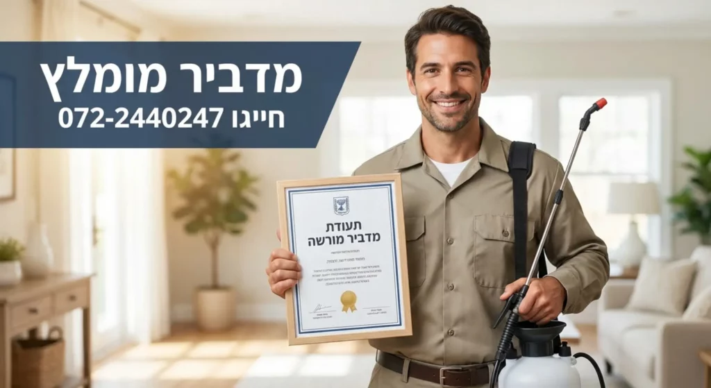 מדביר מחזיק תעודה וציוד הדברה, עם פרטי התקשרות.