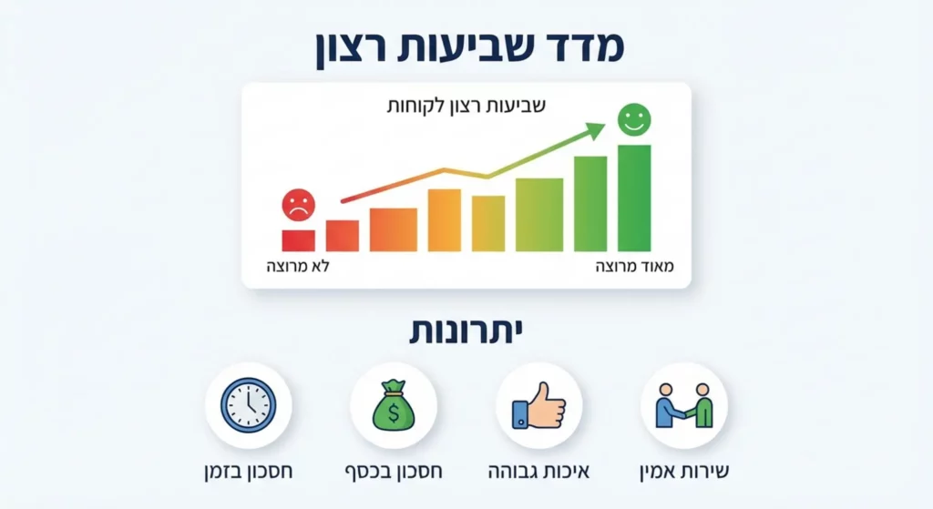 גרף מדדי שביעות רצון לקוחות, עם סמלים של יתרונות.