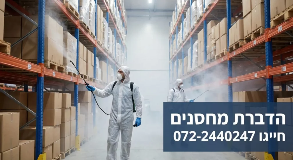 צוות מדבירים בלבוש מגן מבצע ריסוס נגד מזיקים במחסן.