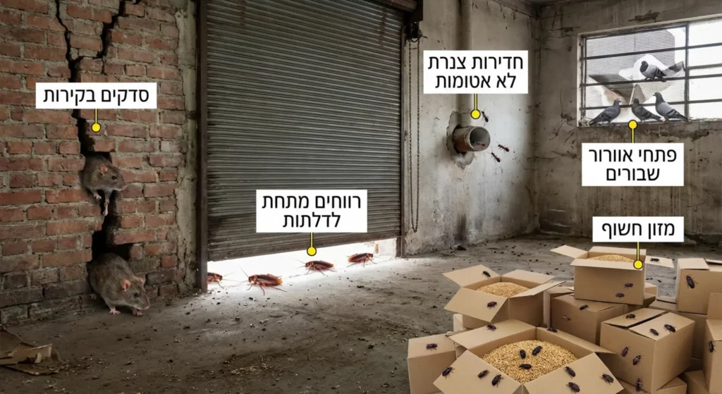 חדר מוזנח עם מזיקים: חולדות, ג'וקים, יונים ונמלים, המעידים על צורך בהדברה.
