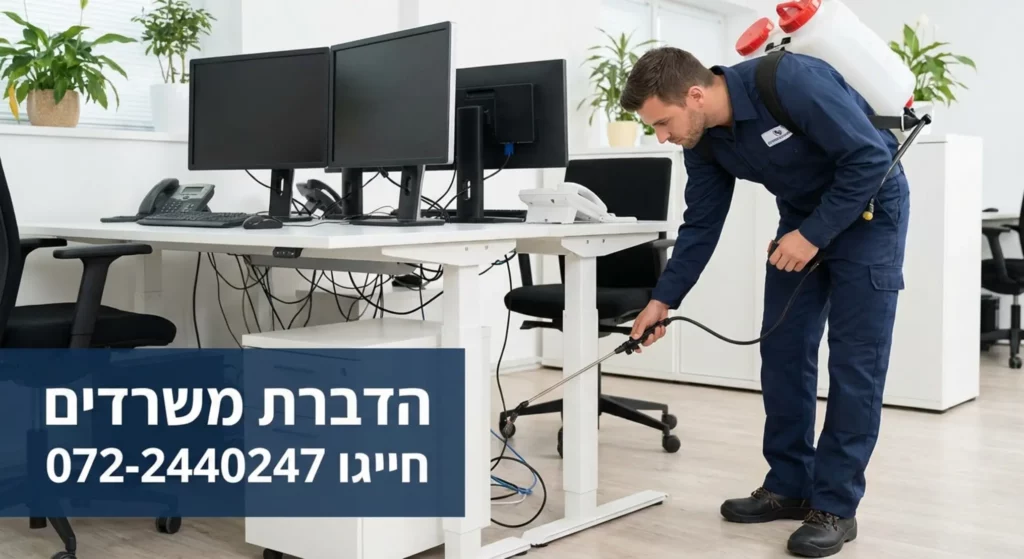 מדביר עם מיכל ריסוס מבצע שירותי הדברה במשרד.
