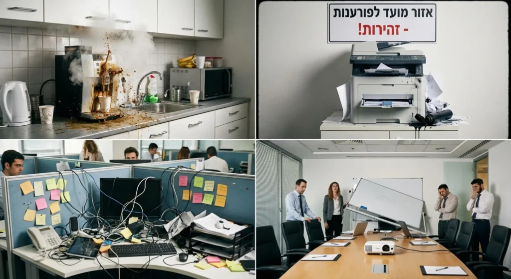 הדברה אורגנית: ארבע תמונות של תקלות במשרד, כגון קפה שנשפך.