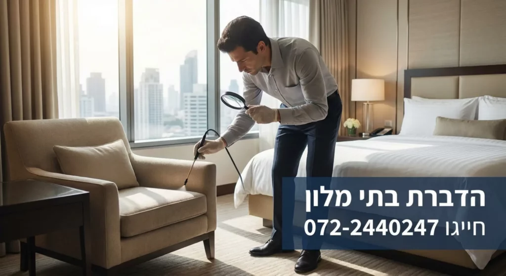 מדביר בודק ריפודים בחדר מלון עם זכוכית מגדלת, הדברת מזיקים.