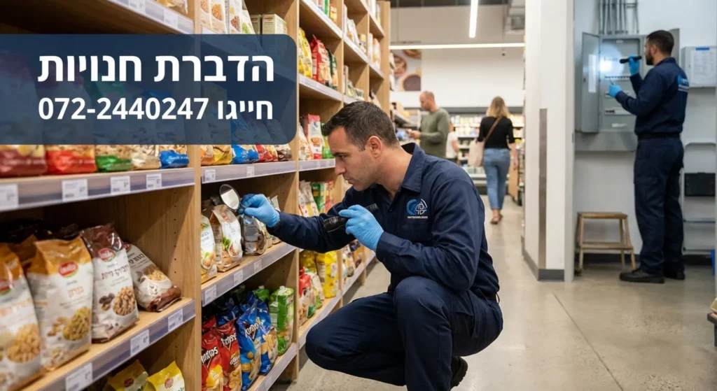 מדביר בודק חומרי מזון במדף בסופר, טקסט על הדברת חרקים.