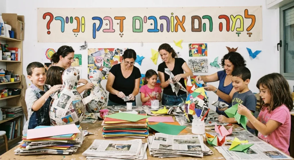 ילדים ואמהות בפעילות יצירה, מכינים בובות מנייר, קצת כמו הדברה יצירתית.