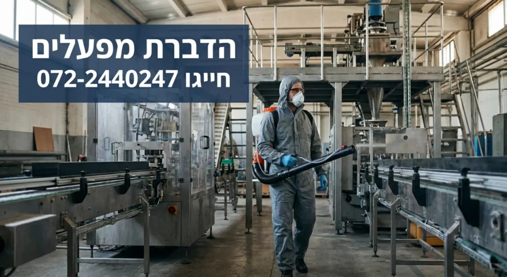 מדביר בתעשייה עם ריסוס, כולל מספר טלפון.