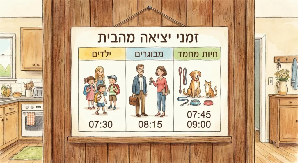 לוח זמנים משפחתי עם איורים של ילדים, מבוגרים וחיות מחמד, בנוסף למרסס ריסוס.