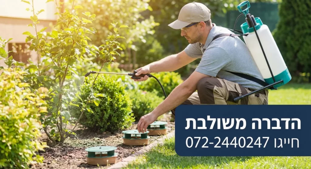 גבר עם תרמיל הדברה מרסס צמחים, מספר טלפון שירותי הדברה.