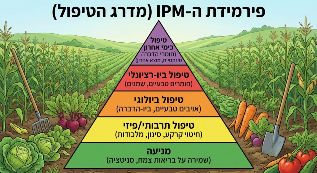 פירמידת IPM להדברה משולבת, עם גידולים חקלאיים ושכבות טיפול.